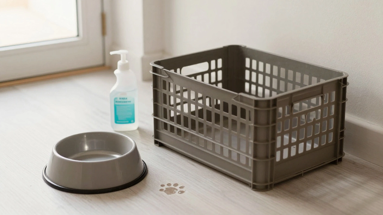 A clean crate with training supplies nearby, symbolizing successful housebreaking.