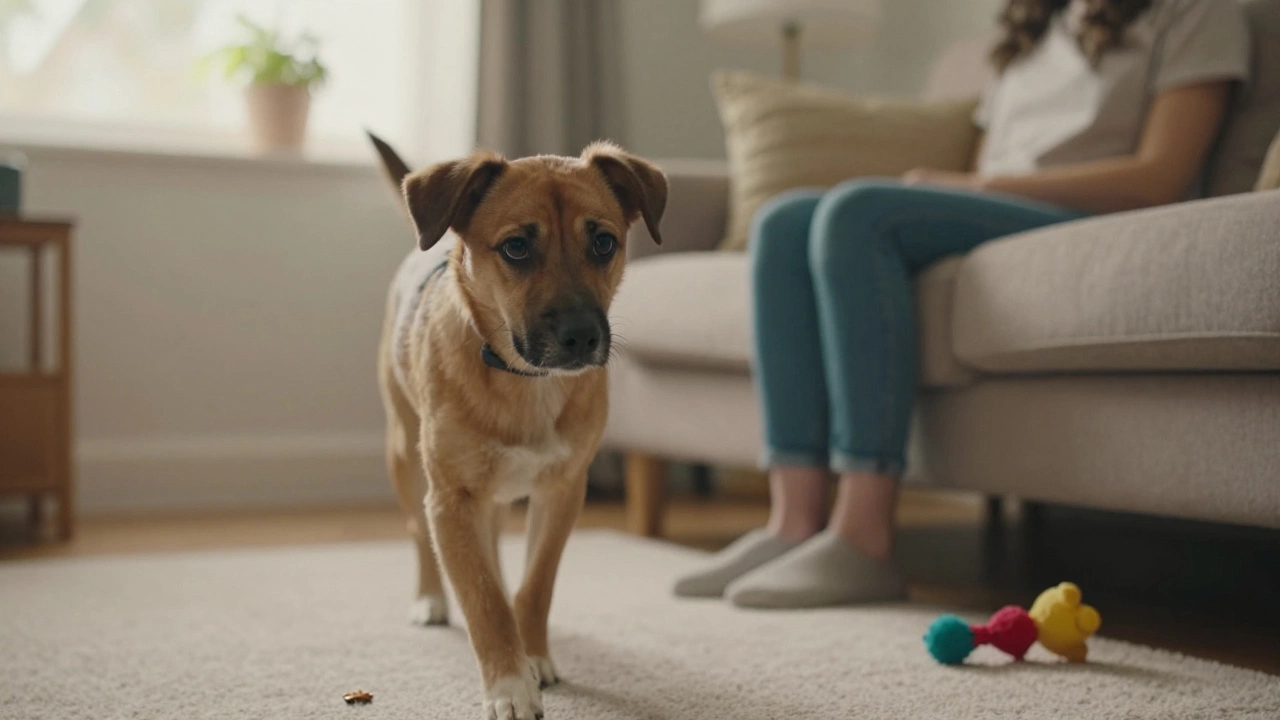 A dog glancing back at their owner while paused in the living room, toy ignored.