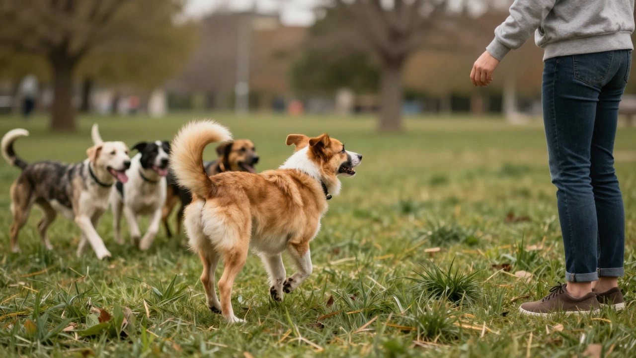 A dog running in a park but turning back toward their owner, tail wagging.