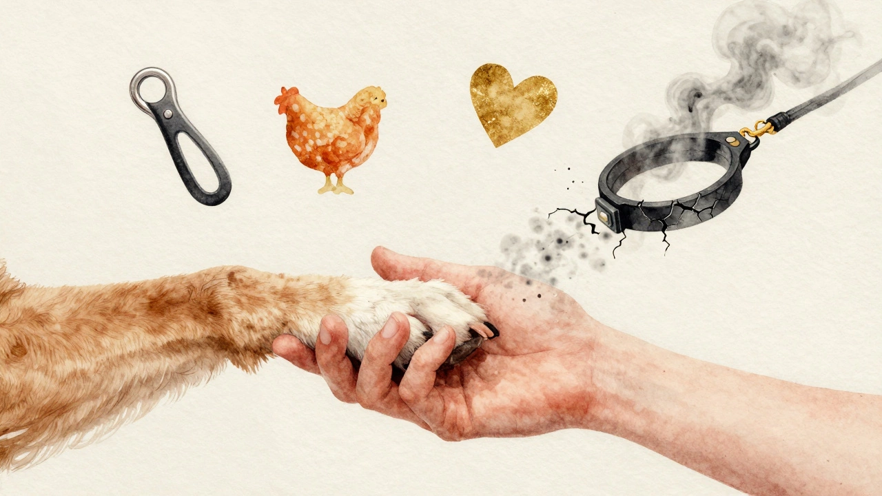 A hand holding a dog's paw with symbols of kind training tools, while a shock collar fades away.