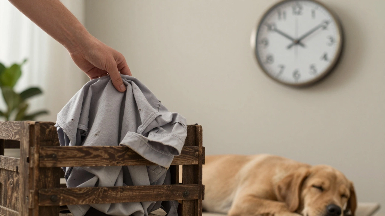 A hand placing a familiar shirt beside a sleeping puppy in a crate, symbolizing comfort.