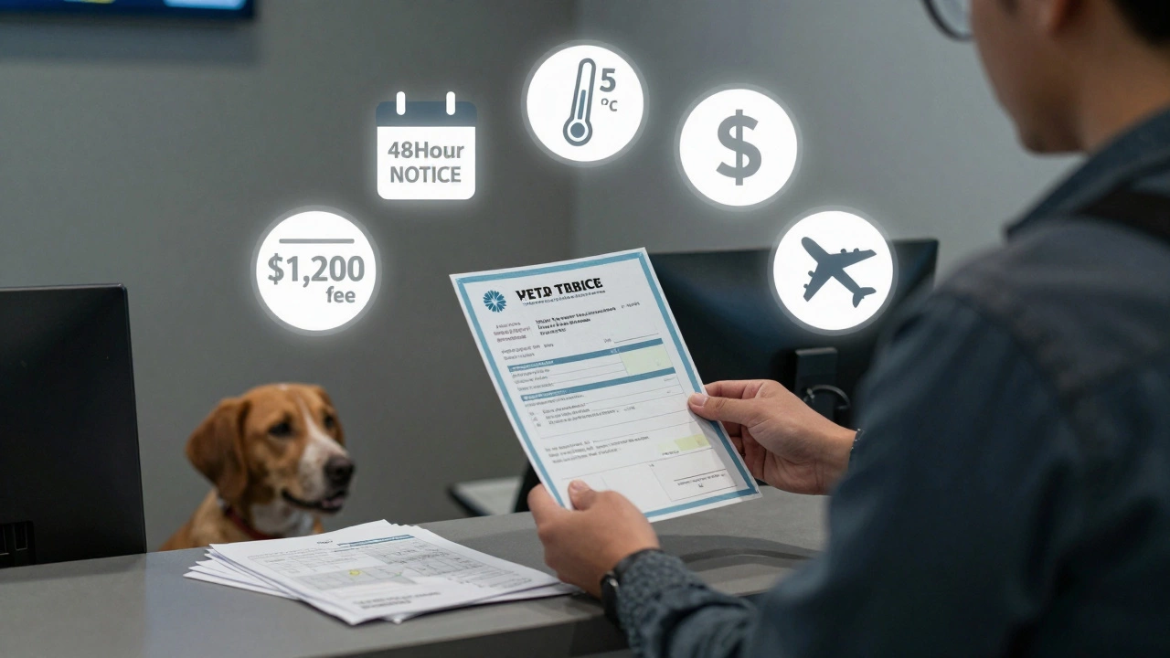 A person at an airline counter holding vet documents and crate measurements, surrounded by travel cost icons.