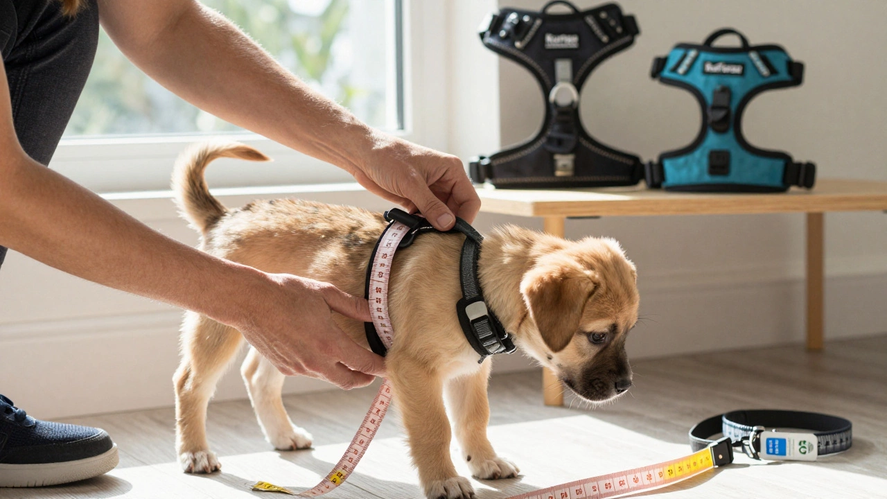 A person gently fitting a harness on a puppy indoors, with measuring tape and safety-focused gear visible nearby.