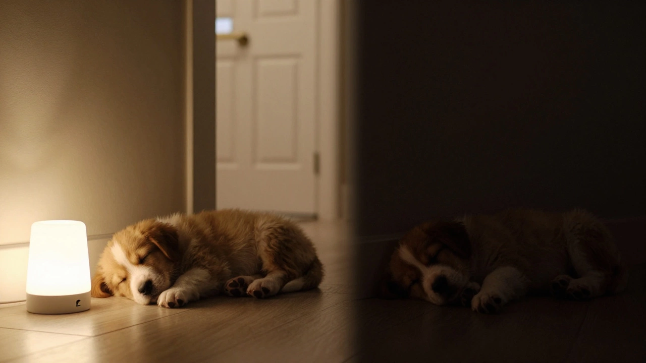 A puppy at two months and six months sleeping side by side, showing transition from nightlight to darkness.