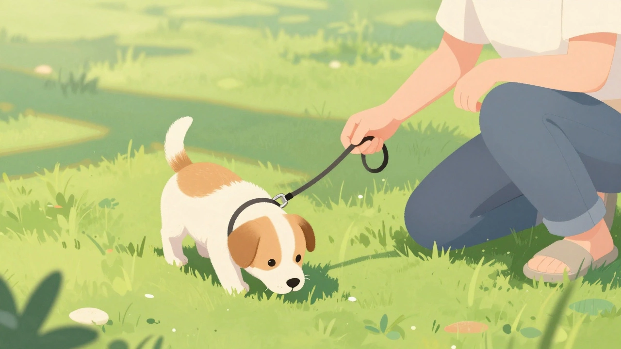 A puppy being gently guided outside for a potty break by a caring owner.