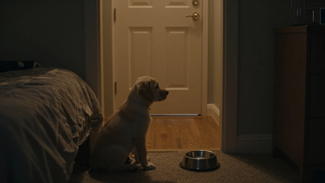 A puppy calmly looking toward a door illuminated by a soft nightlight in a dark room.