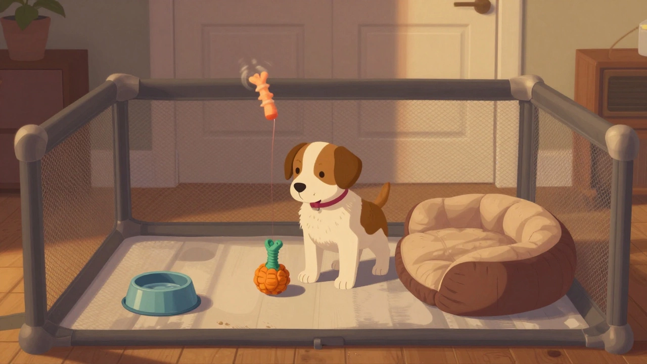 A puppy in a safe playpen with a chew toy and water bowl, calm and quiet in warm lighting.