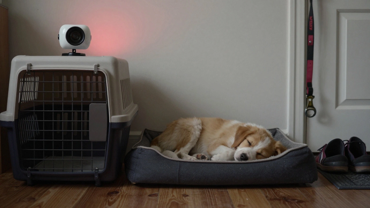 A puppy naps quietly near a crate while a pet camera watches over them.
