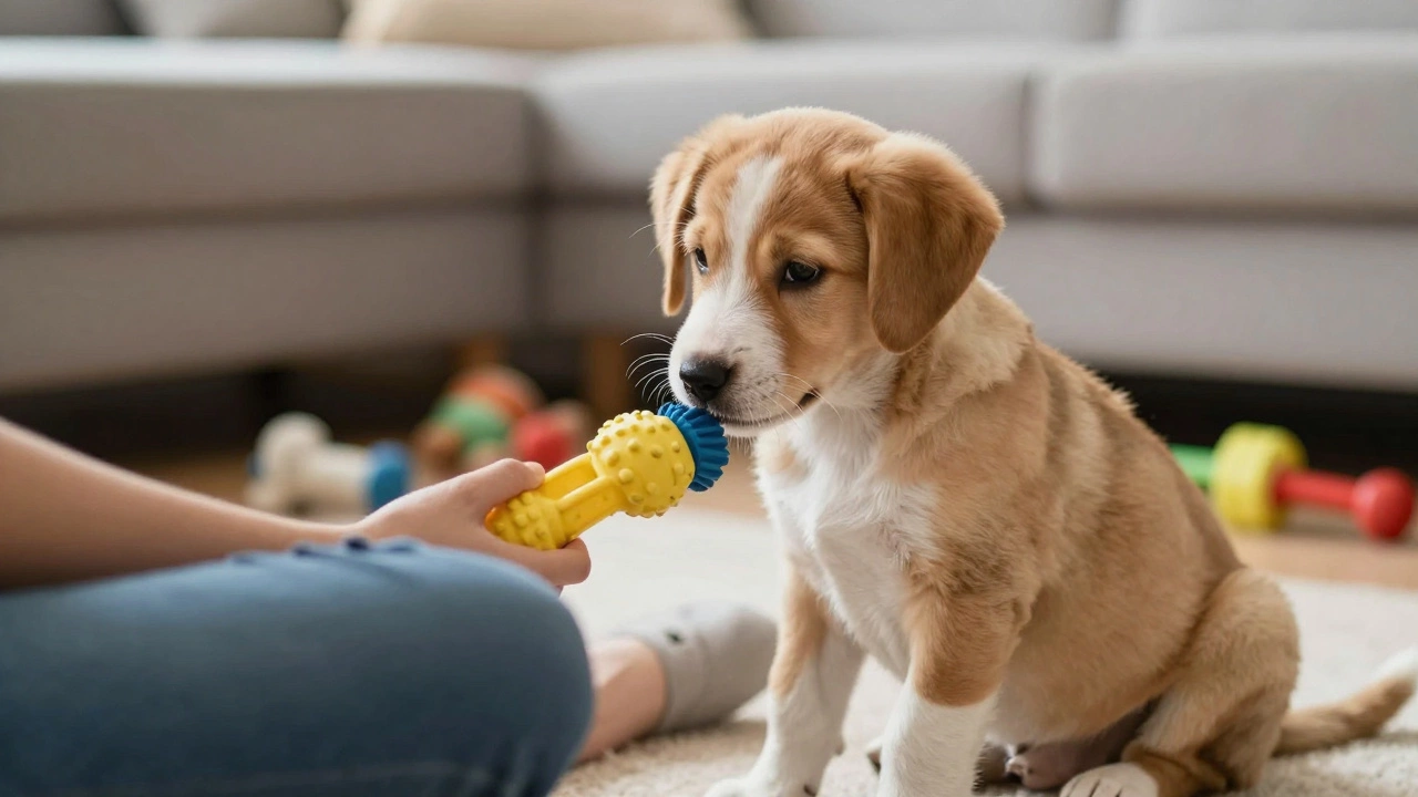 A puppy sitting calmly during a short training session with a soft toy and treat.