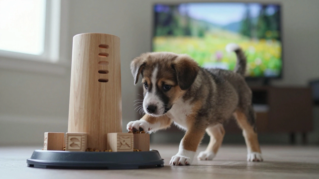 A puppy works on a puzzle feeder to get treats, focused and calm.