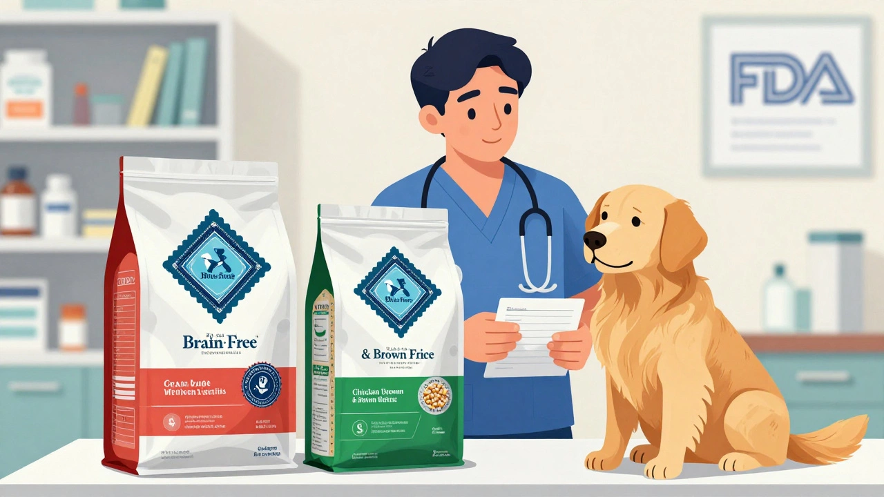 A vet compares grain-free and grain-inclusive dog food formulas while examining a Golden Retriever.