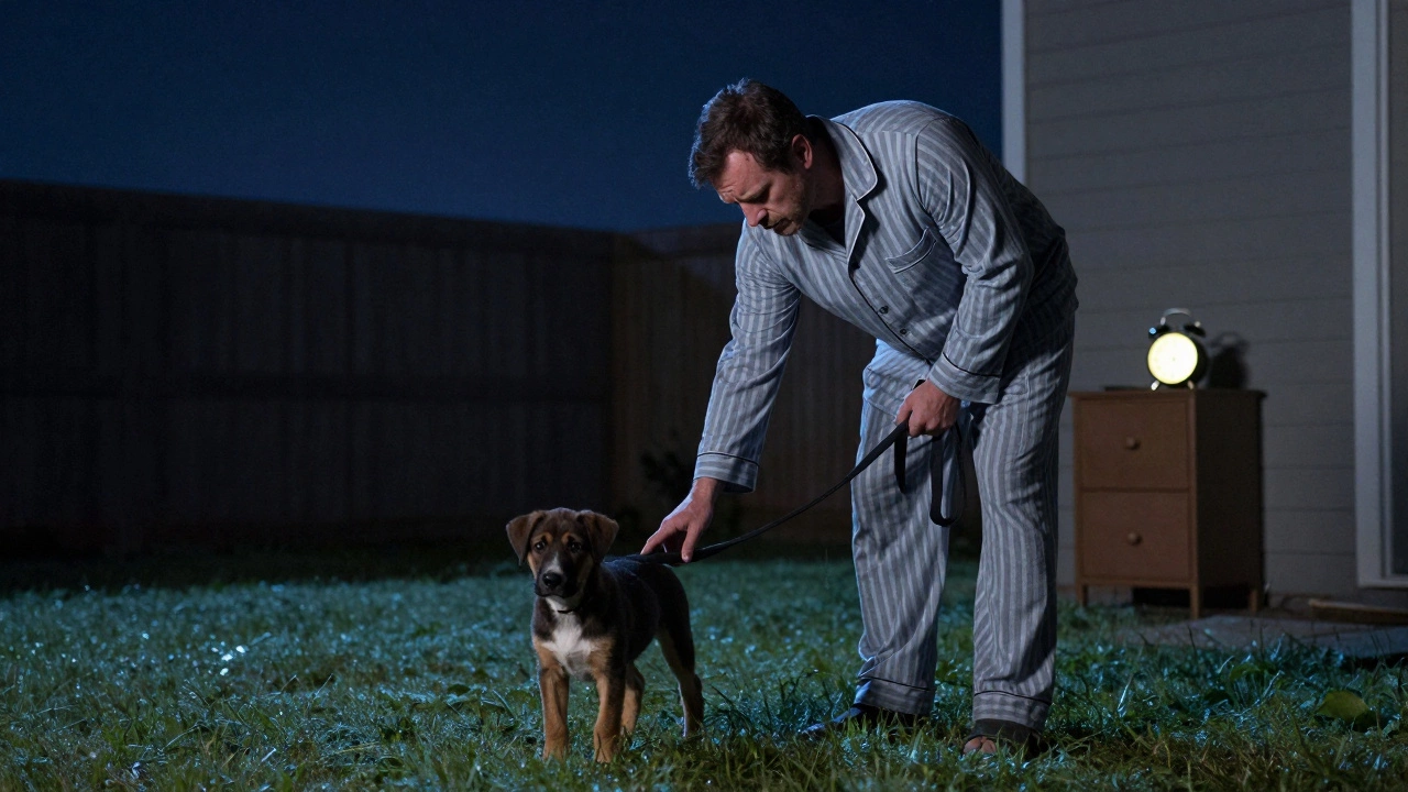 An owner taking a young puppy outside for a midnight potty break.