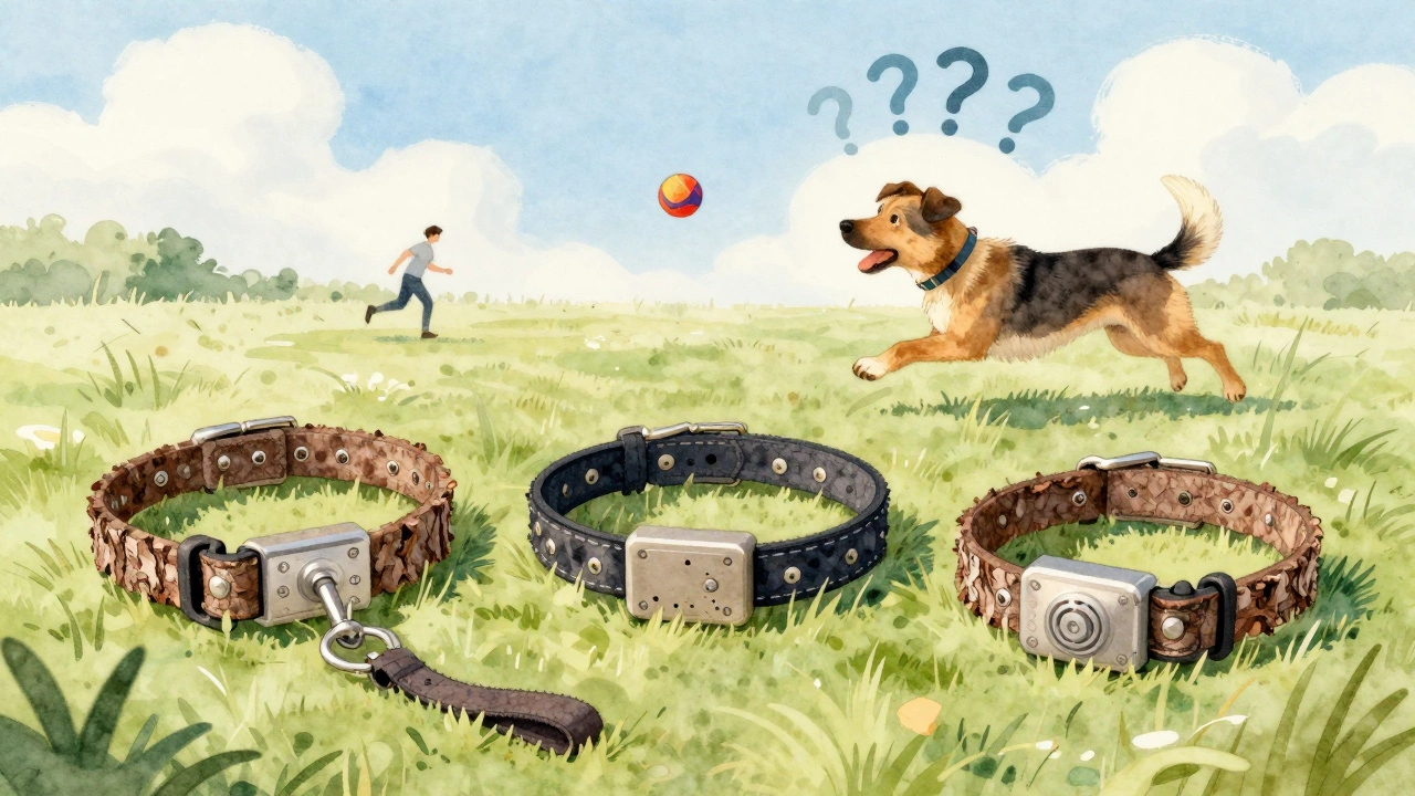 Discarded bark collars on grass as a dog plays happily with a trainer.