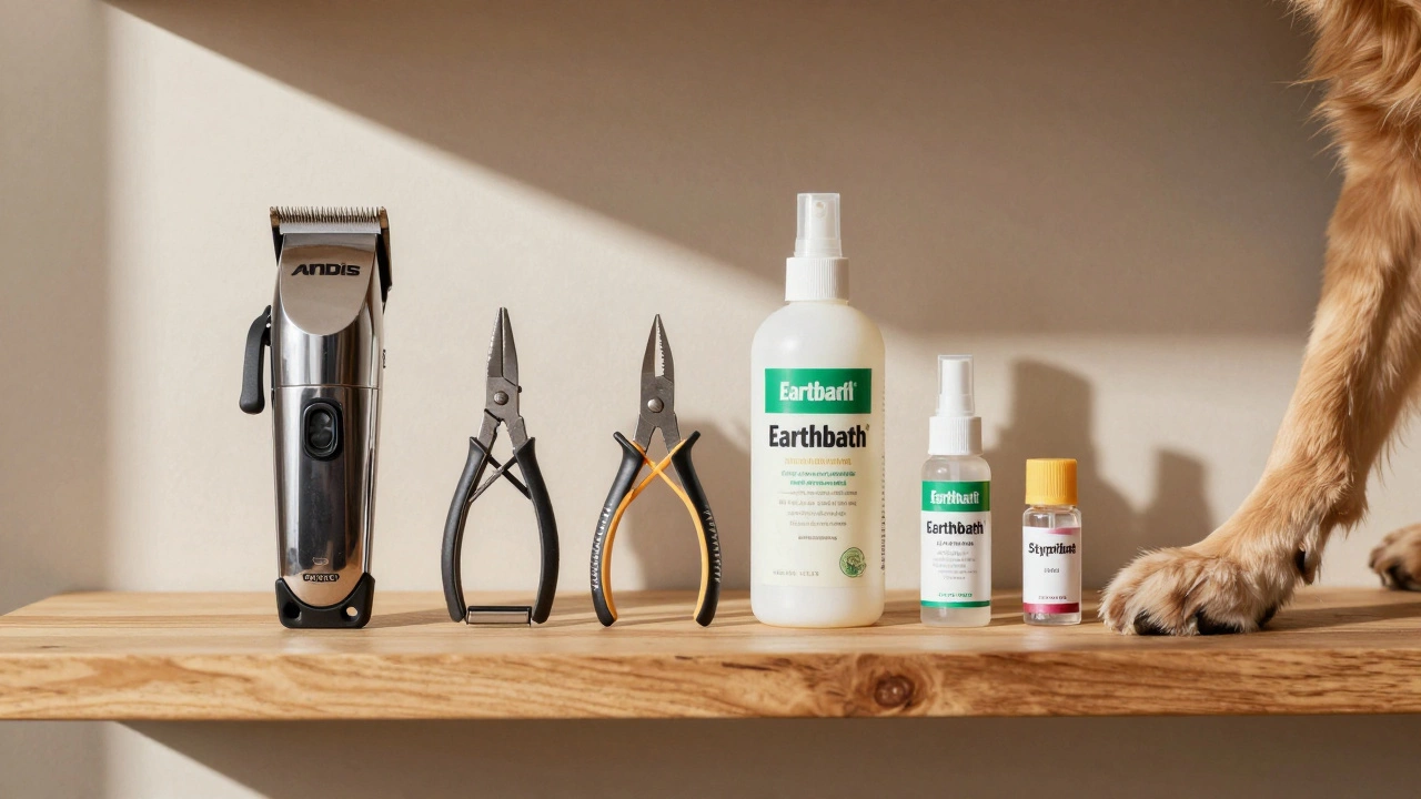 Dog grooming tools arranged neatly on a wooden shelf with sunlight streaming in.