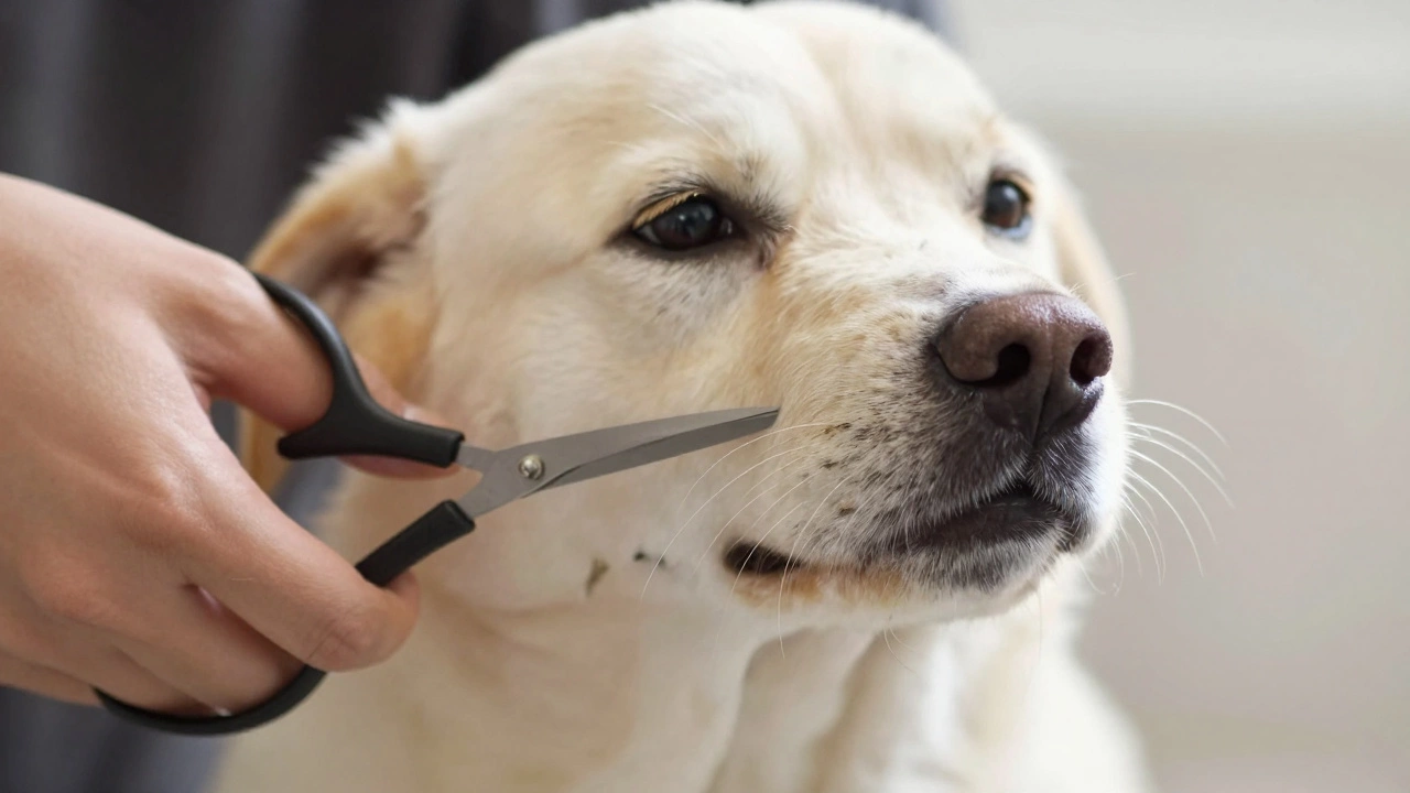 Dog with intact whiskers being carefully groomed around the face using blunt scissors.