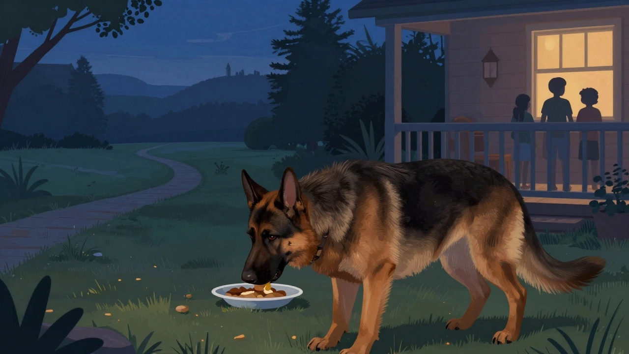 German Shepherd eating dinner at dusk with family on the porch nearby.