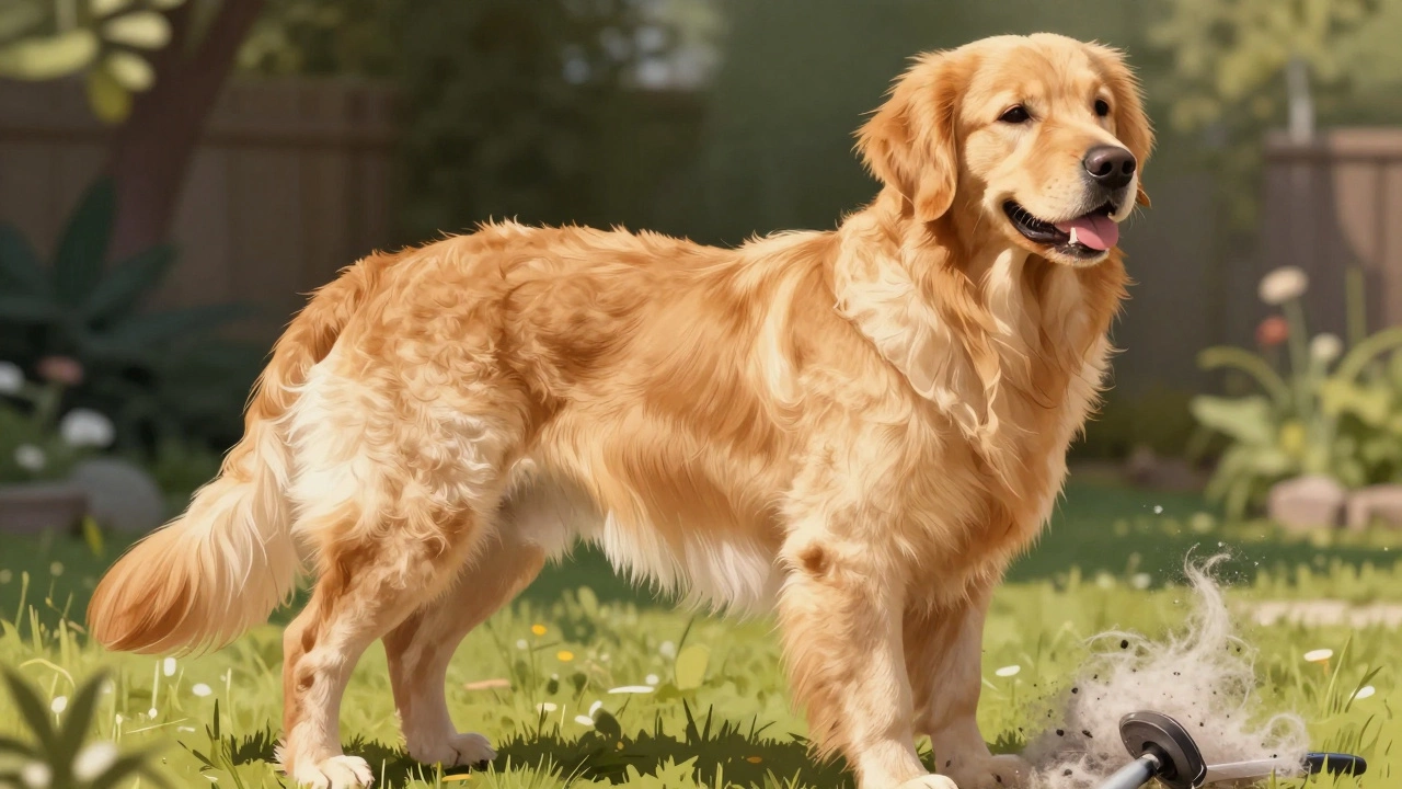 Golden retriever with full double coat, guard hairs visible, being brushed to remove undercoat.