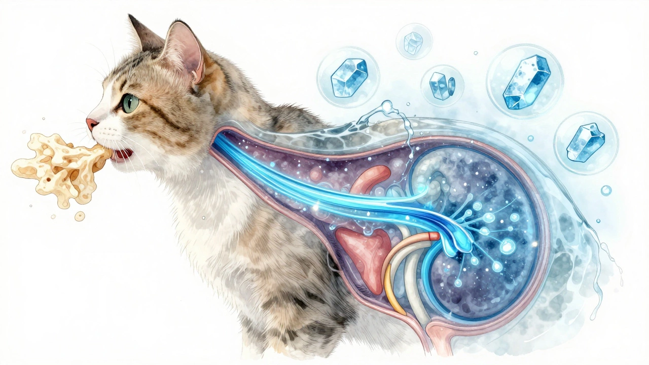Illustrated cat anatomy showing hydration improving kidney function.