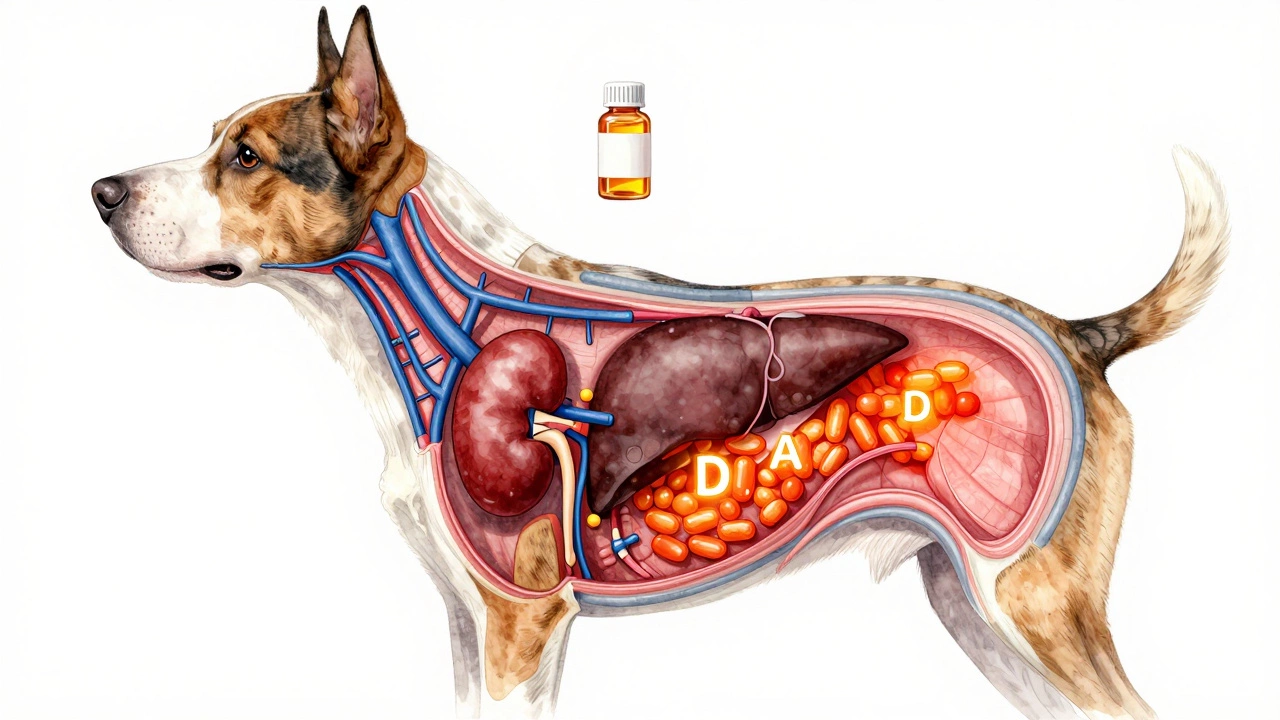 Internal view of dog&#039;s organs with vitamin A and D deposits glowing red and orange.