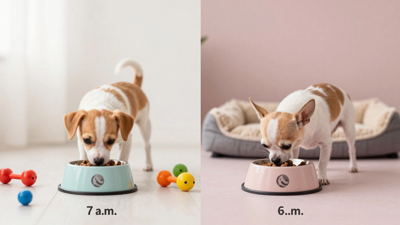 Puppy and senior dog eating at different times, symbolizing age-based feeding schedules.