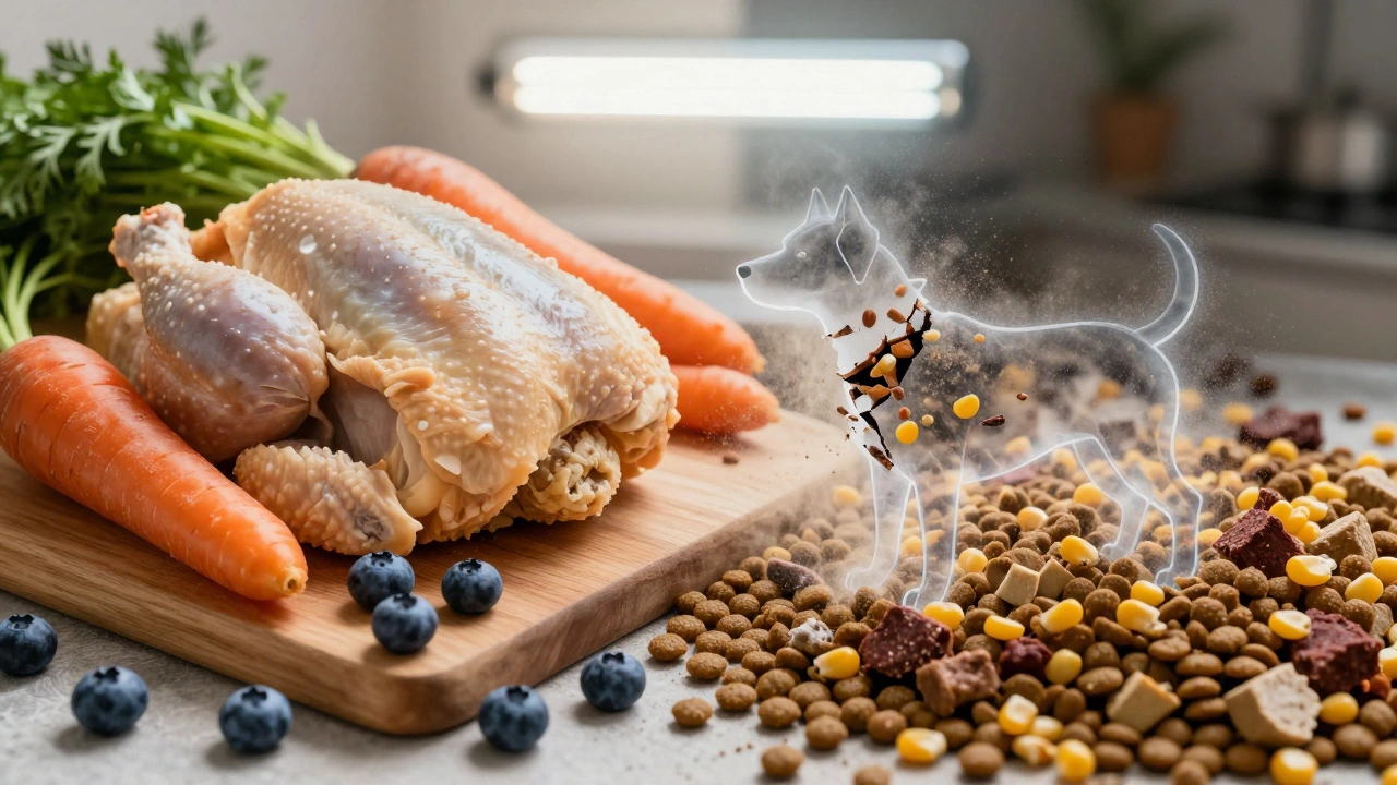 Side-by-side comparison of healthy whole food versus processed dog food fillers.