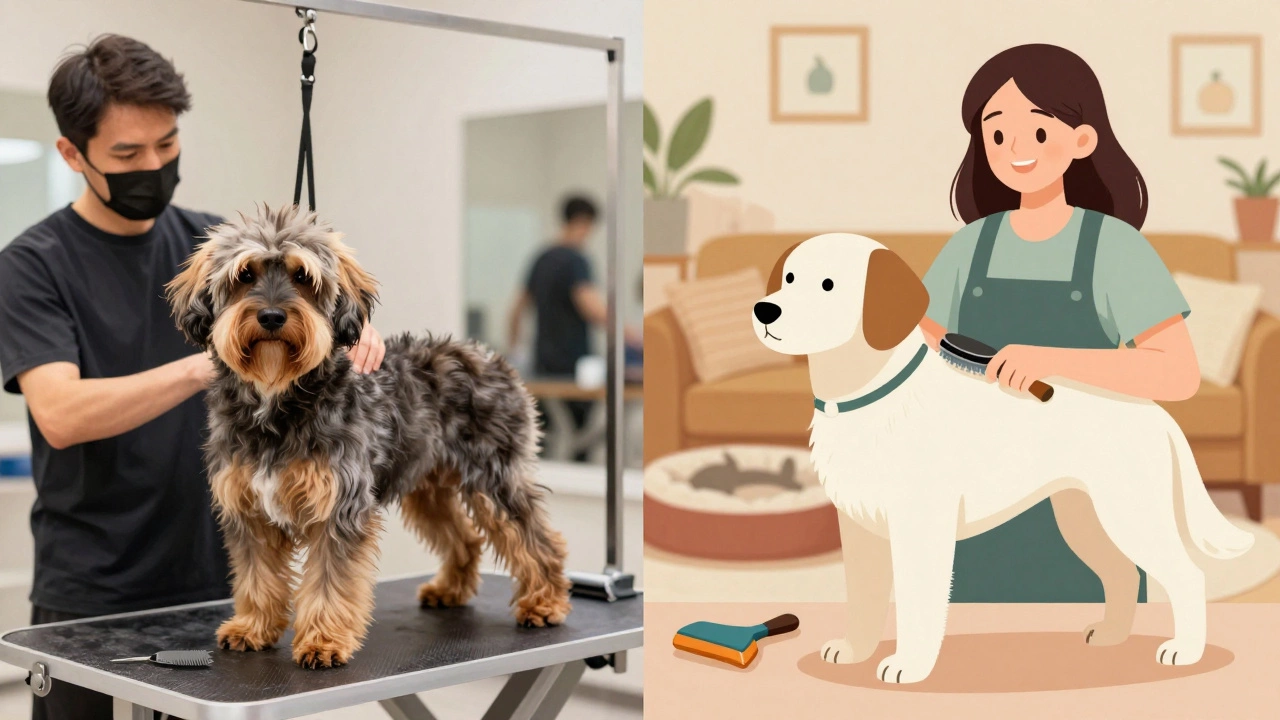 Side-by-side of a matted dog at a salon versus a clean dog being brushed at home.