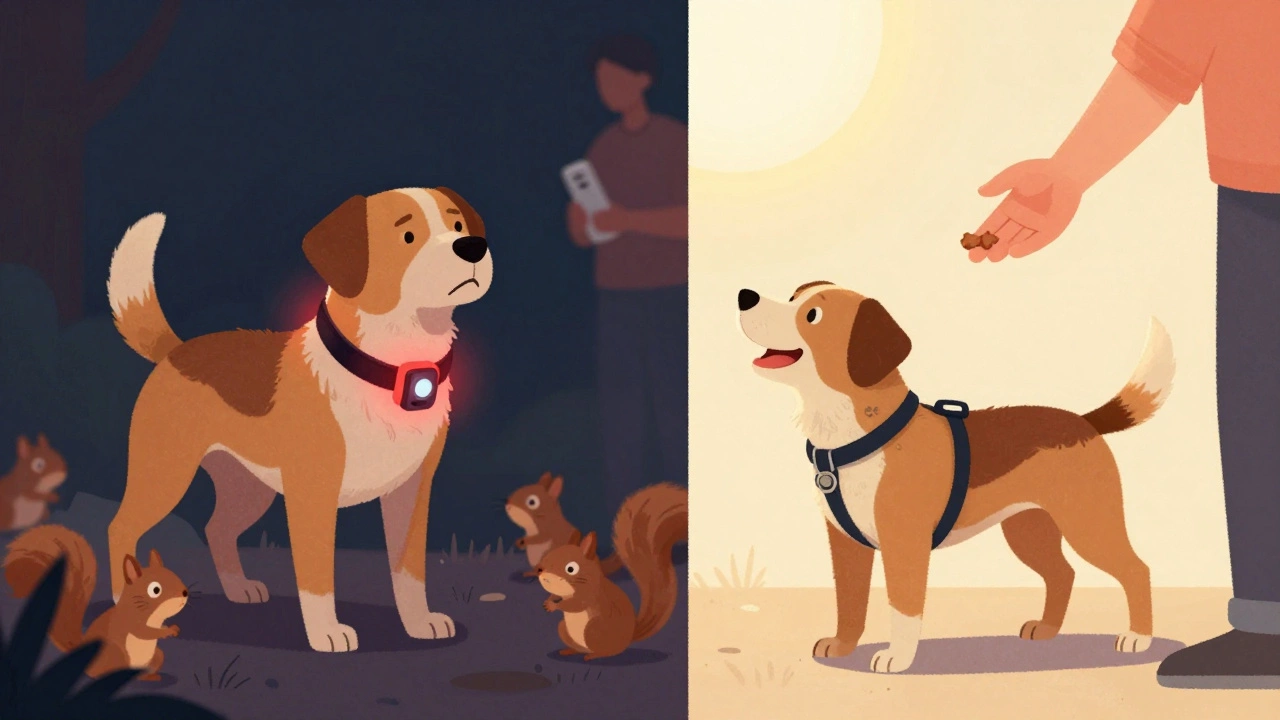 Split image contrasting fear-based training with positive reinforcement for a dog in a park setting.