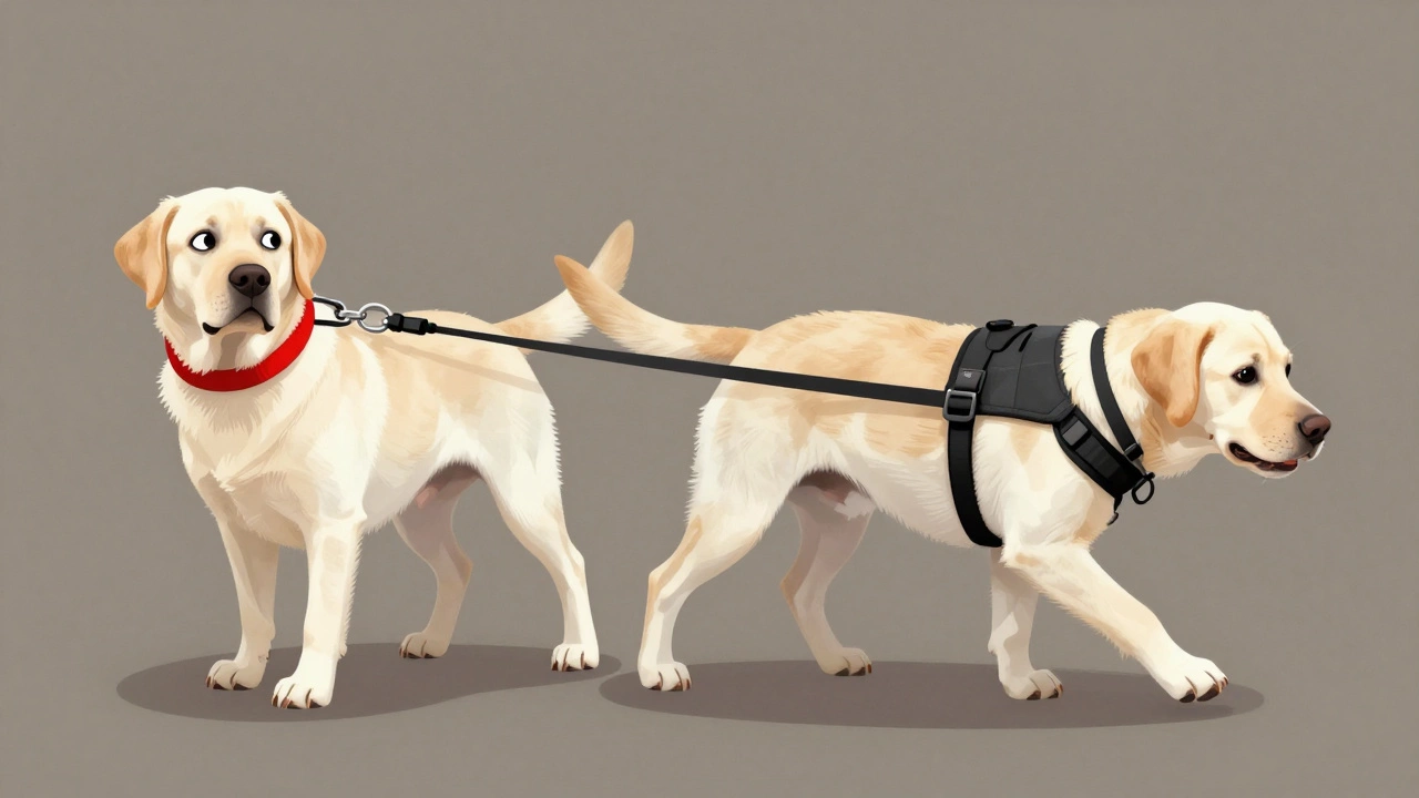Split image showing a dog pulling painfully with a collar versus walking peacefully with a front-clip harness.