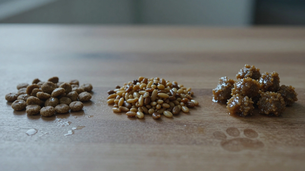 Three panels showing dry kibble absorbing water over time.