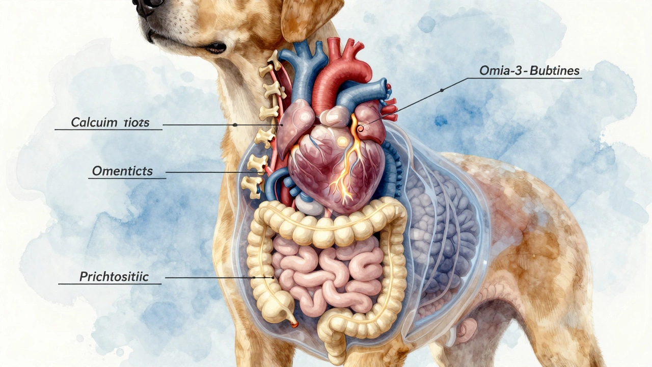 Transparent dog body showing calcium strengthening bones and omega-3s supporting brain health.