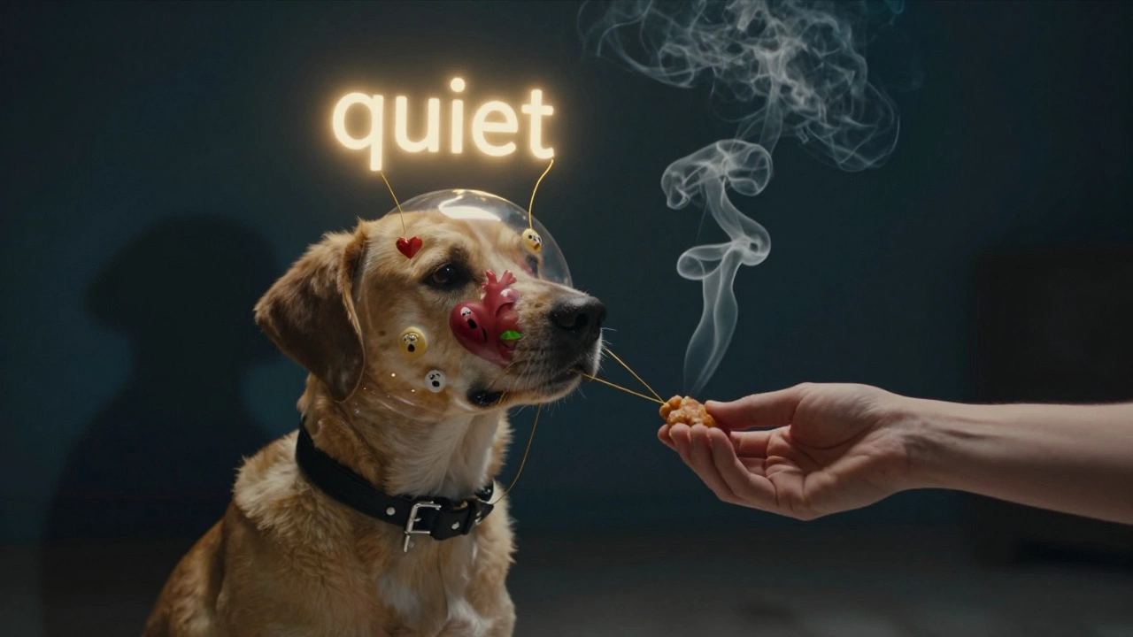 Transparent dog head showing emotions, with &#039;quiet&#039; cue and dissolving collar.