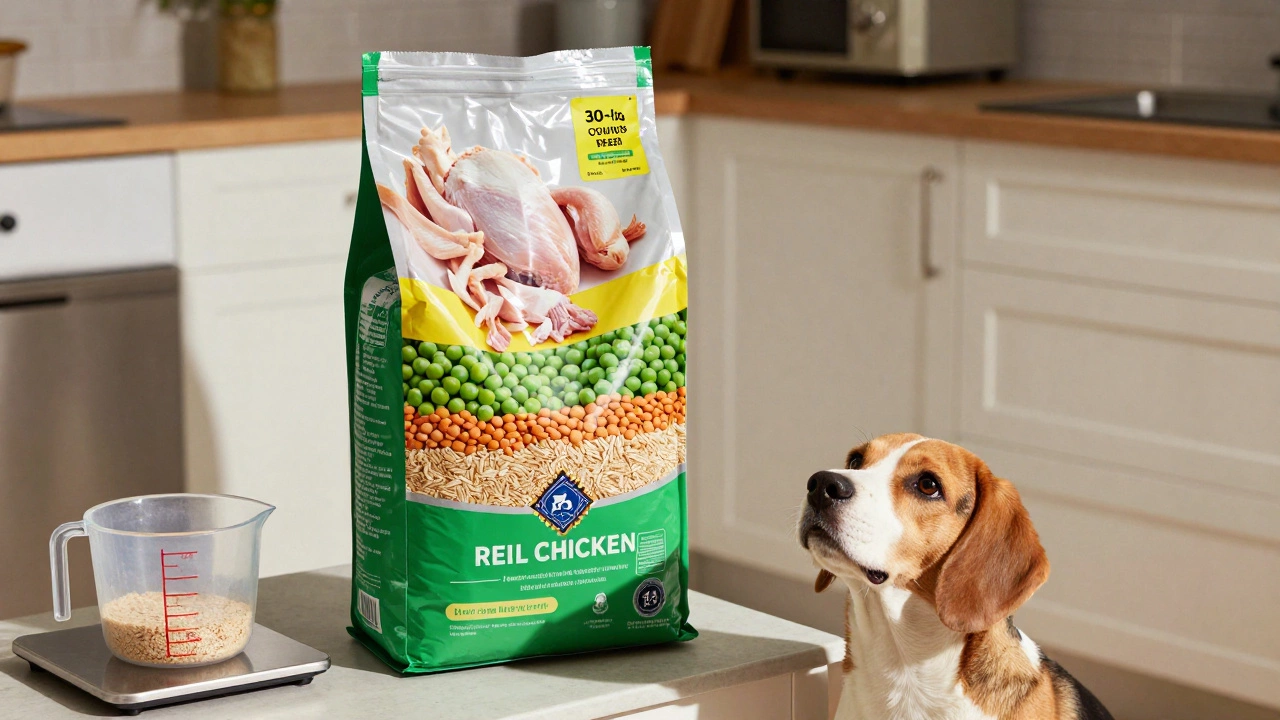 Transparent ingredient overlay on a Blue Buffalo bag showing chicken, legumes, and whole grains.