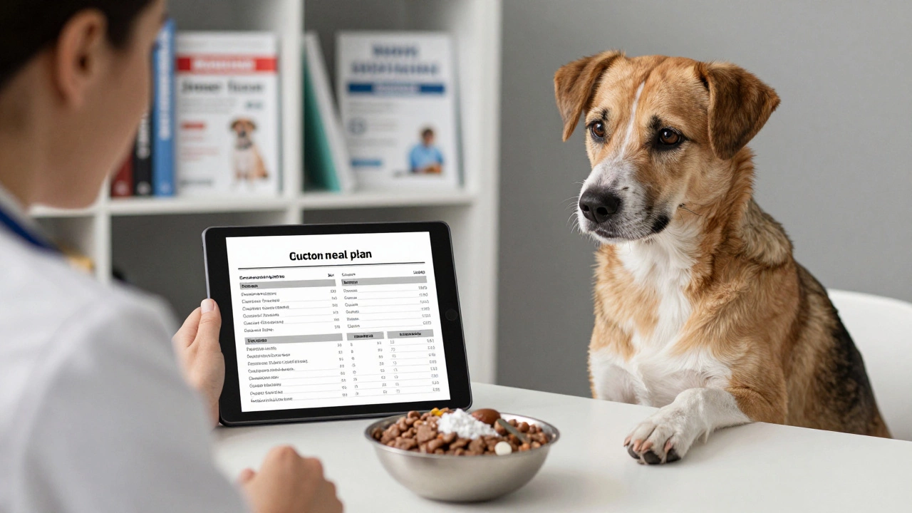 Veterinarian reviewing a custom meal plan for a dog with supplements beside a homemade meal bowl.