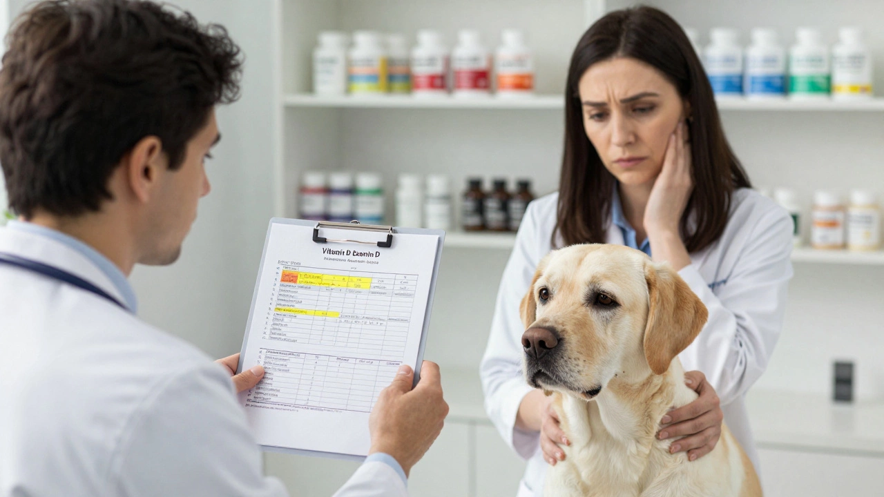 Veterinarian showing blood test to owner while dog stands stiffly in clinic.