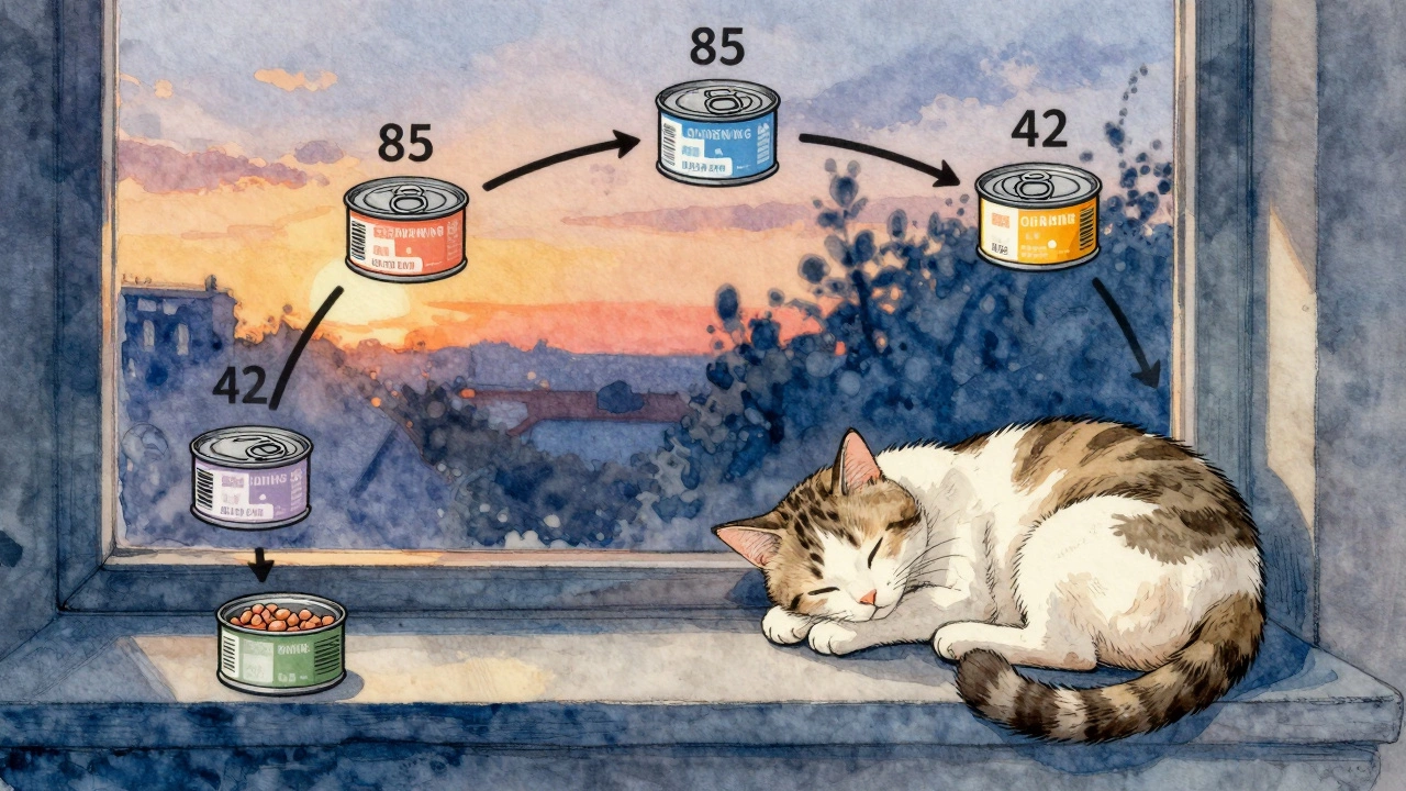 A cat curled on a windowsill with a circular timeline of three meals and calorie counts around it.