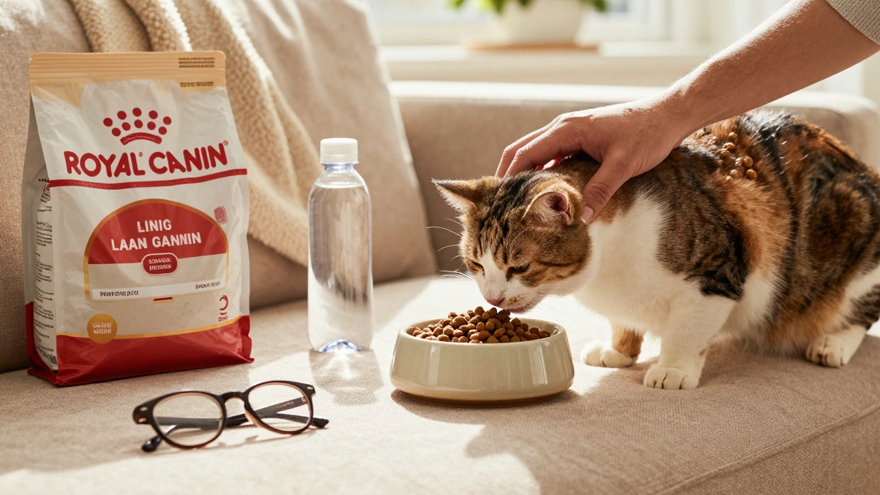 A cat eats wet food while a person adds dry kibble to a feeder in a cozy, sunlit living room.