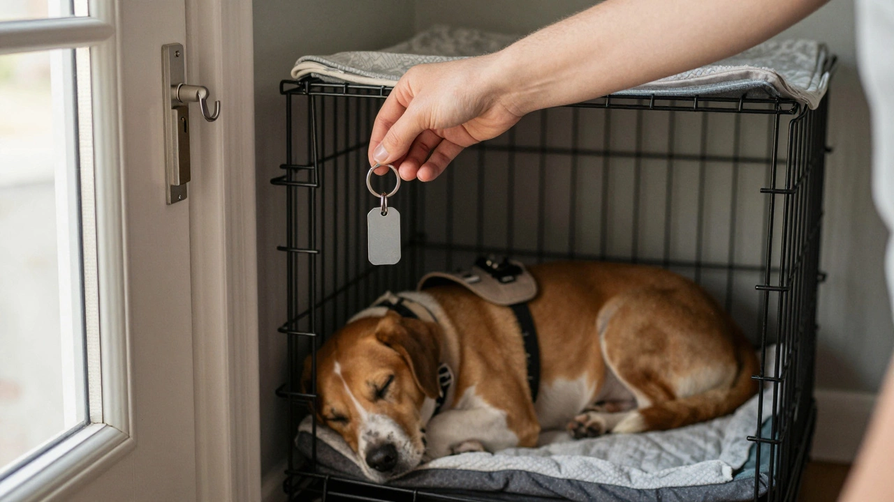 A dog sleeping in a crate with collar removed, and an ID keyring hanging nearby.