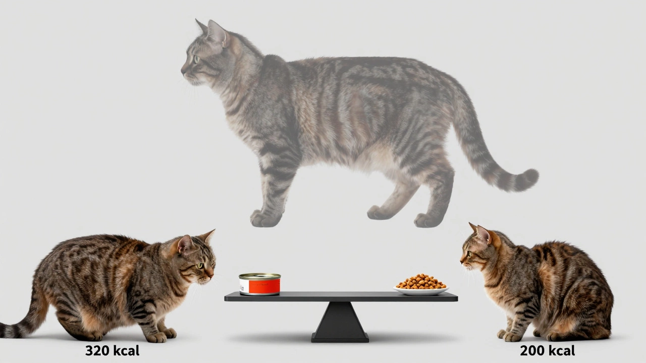 A healthy cat silhouette with body condition overlay, contrasted with underweight and overweight cats.