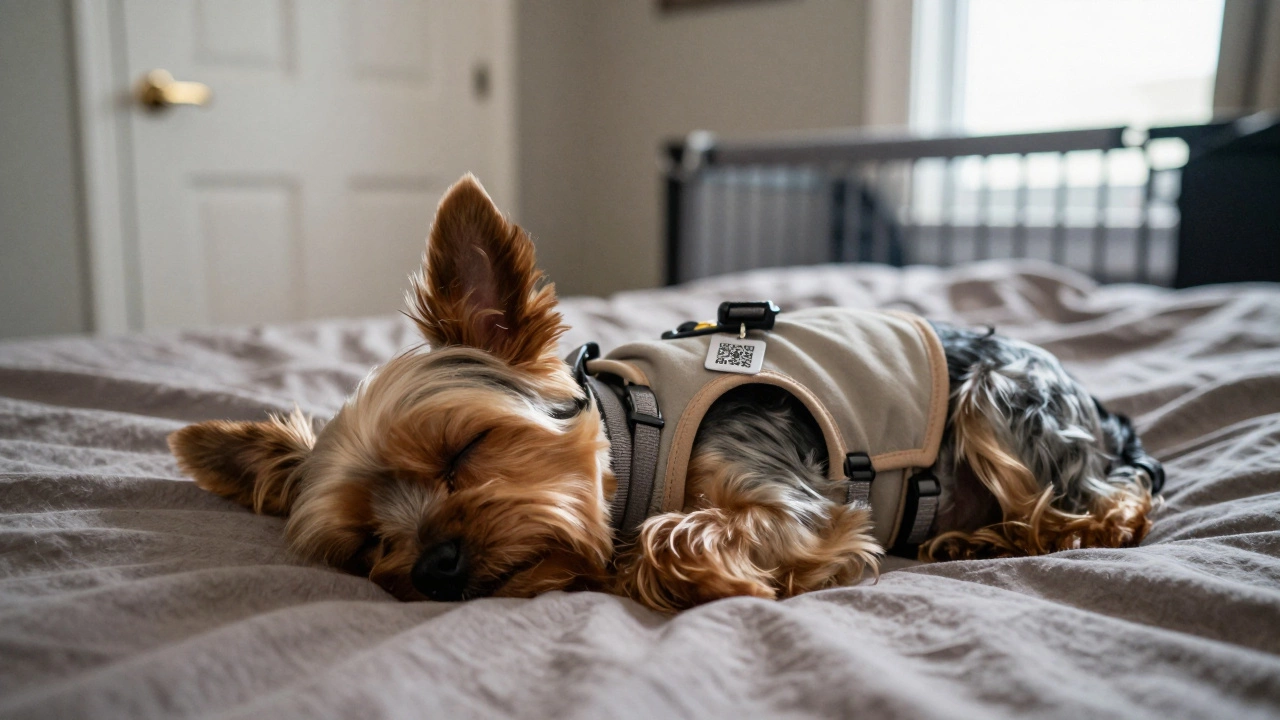 A small dog wearing a soft harness with a QR code tag, sleeping peacefully on a bed in a secure home.