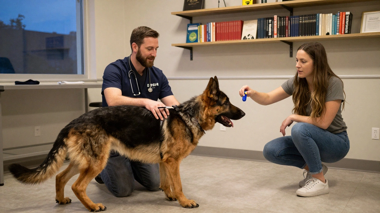 A trainer using a clicker and treat to guide a German shepherd calmly past another dog in a vet clinic.