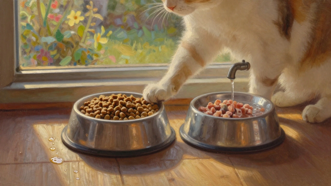 Cat pushing away dry food bowl, choosing wet food and water fountain instead.