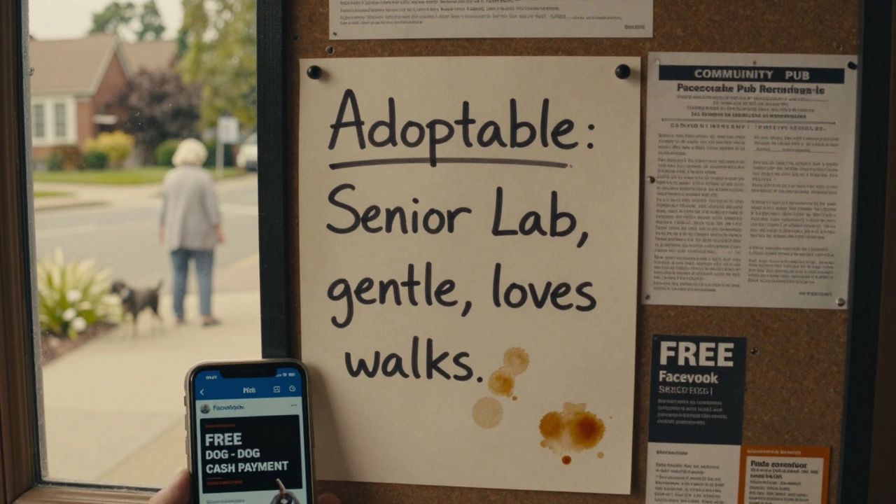 Community noticeboard with pet adoption flyer beside a woman walking a senior dog.