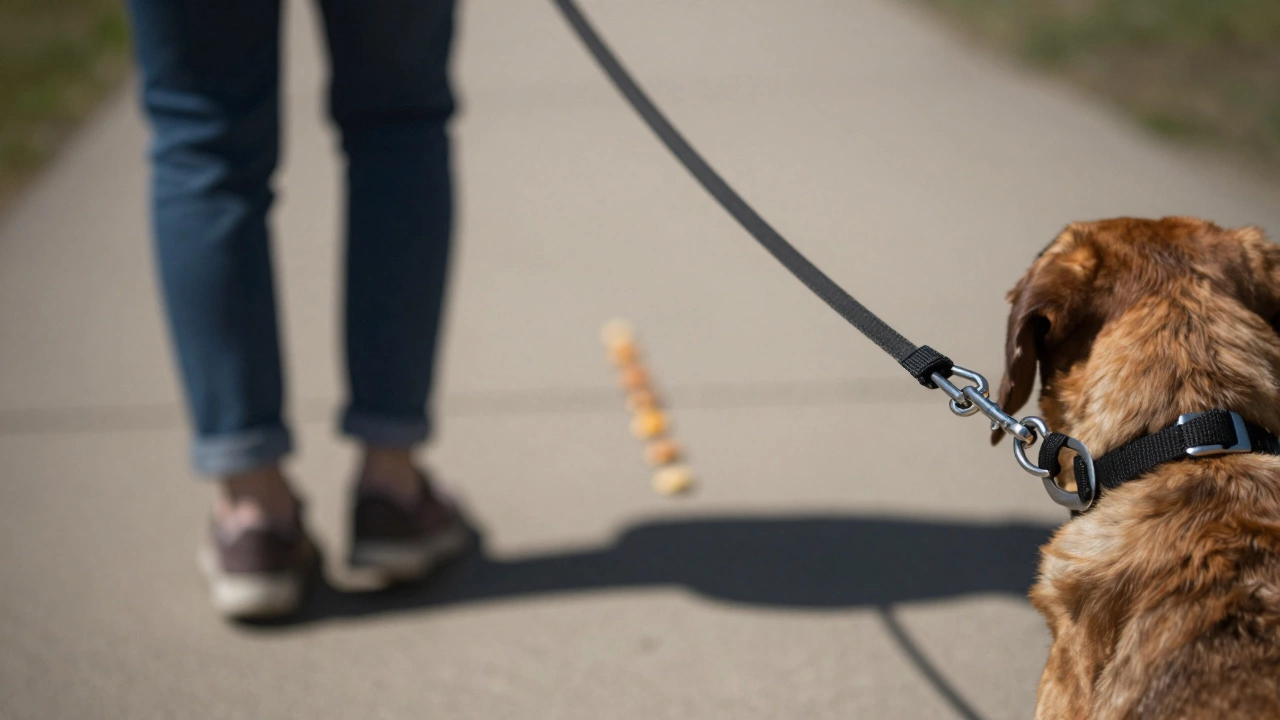 Dog's viewpoint: tense prong collar in foreground, treats leading gently to owner in background.
