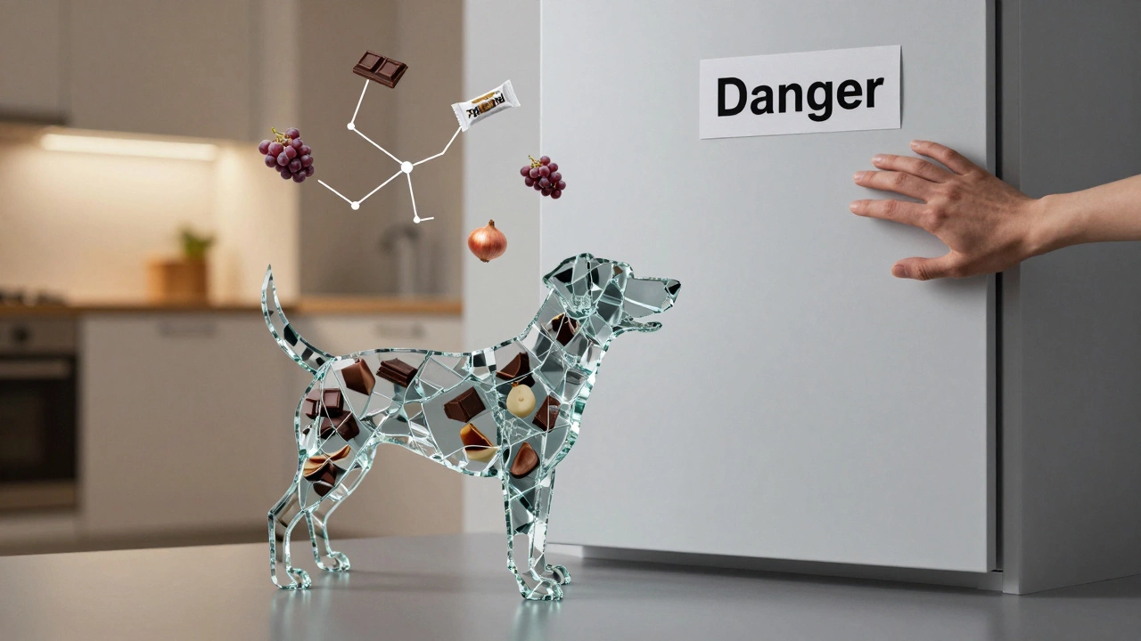 Dog silhouette surrounded by floating toxic foods, hand closing a dangerous cabinet