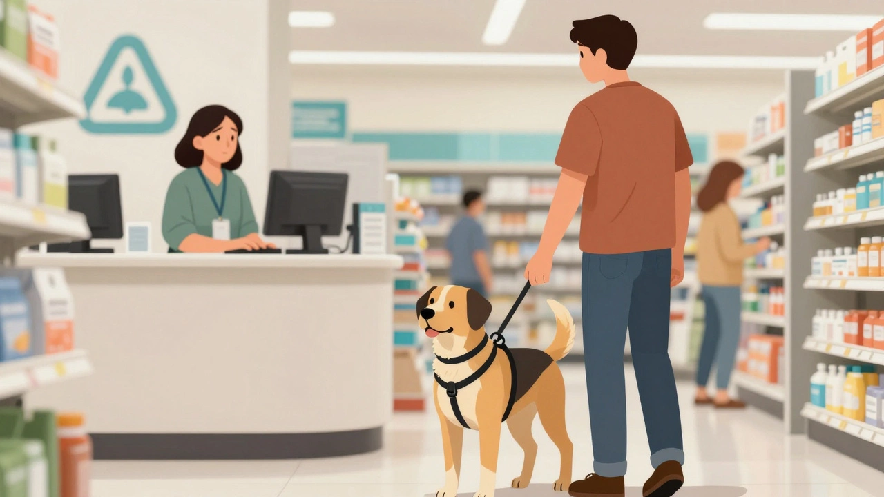 Service dog guiding a person with visual impairment into a pharmacy.