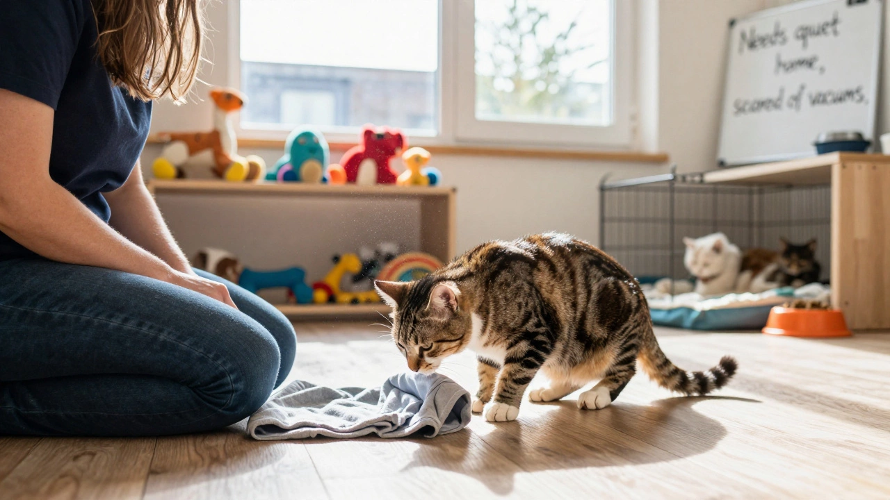 Shy cat sniffing a familiar shirt at a rehoming centre, staff nearby with calm expression.