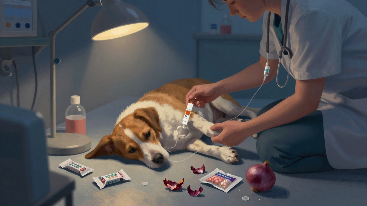 Sick dog receiving IV fluids at a vet clinic with toxic wrappers nearby