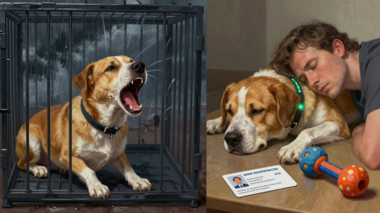 Split image: anxious dog in storm vs. calm dog with behaviorist tools nearby.