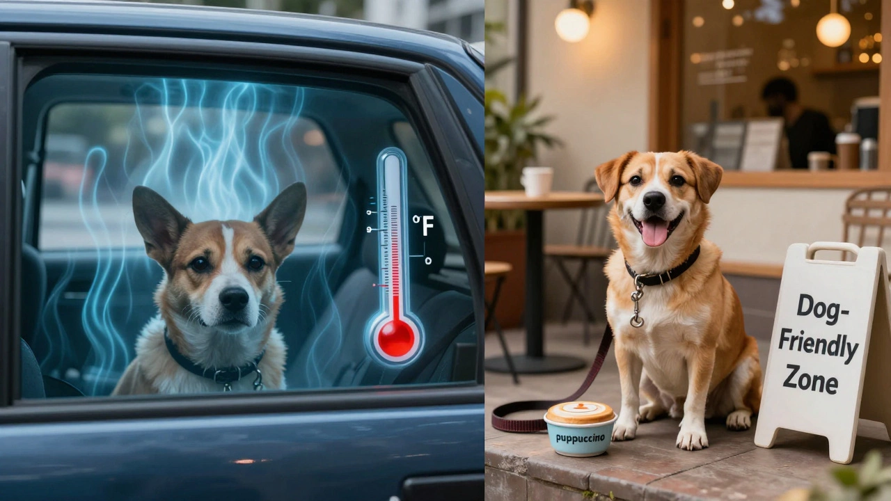Split image: dog in hot car vs. dog enjoying a patio with a puppuccino.