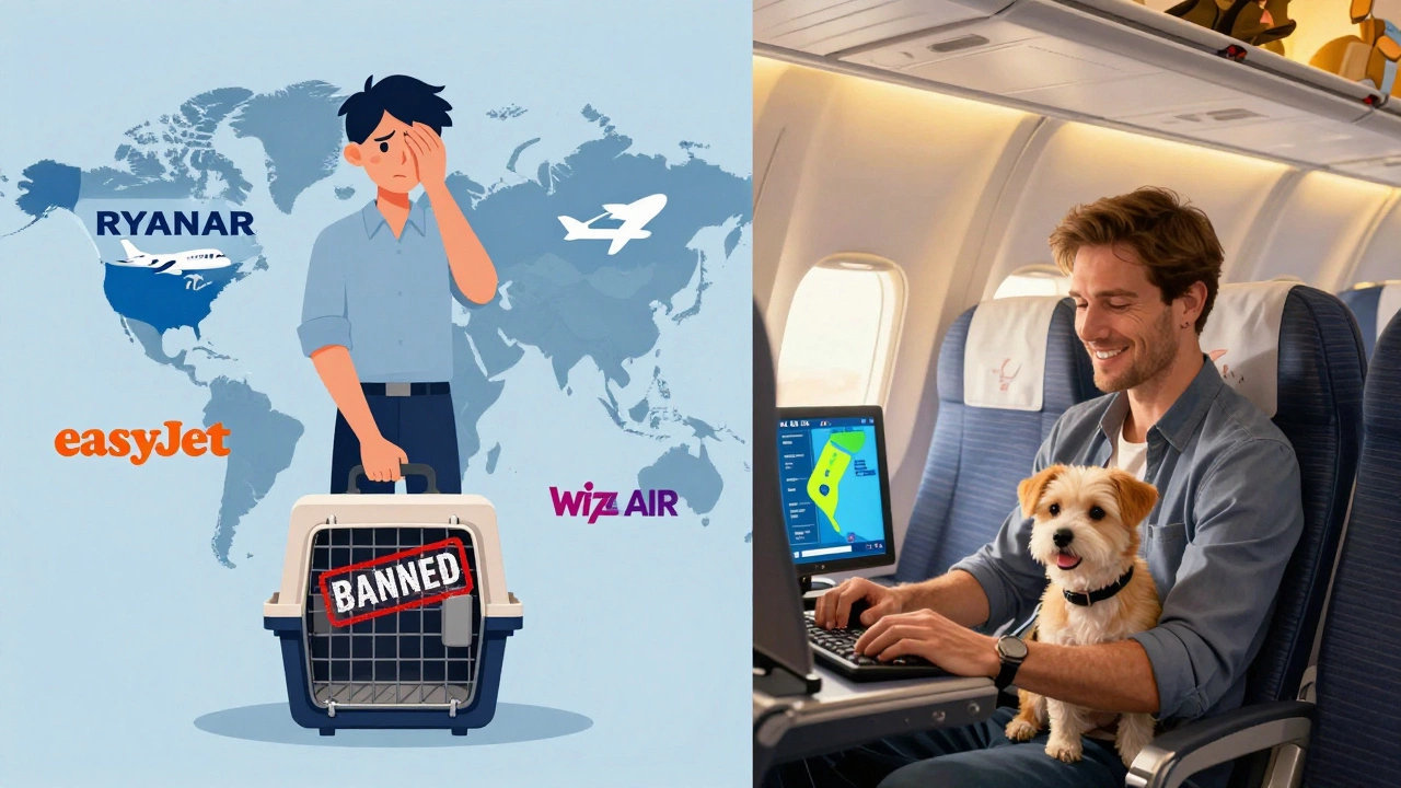 Split image: left shows pet denied by airlines, right shows pet accepted on Delta flight with tracking screen.